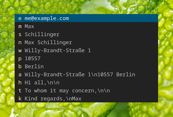 screenshot of custom command menu